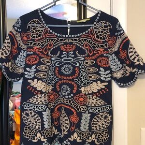 Navy and Orange Patterned Women's Top